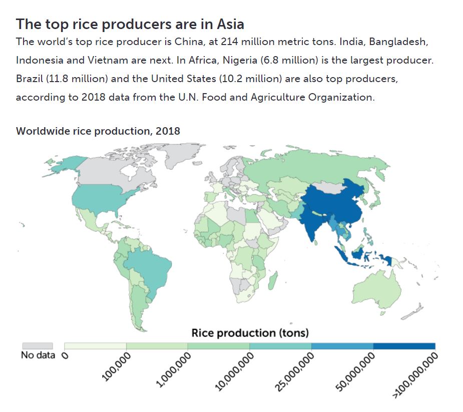 圖2、2018 年全球稻米生產量(圖片來源：OURWORLDINDATA.ORG)